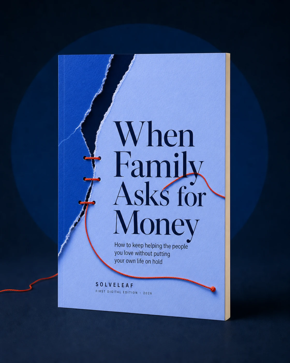 A thin physical copy of When Family Asks for Money with the luminous blue Repair Lines cover, shown in full at a gentle three-quarter angle